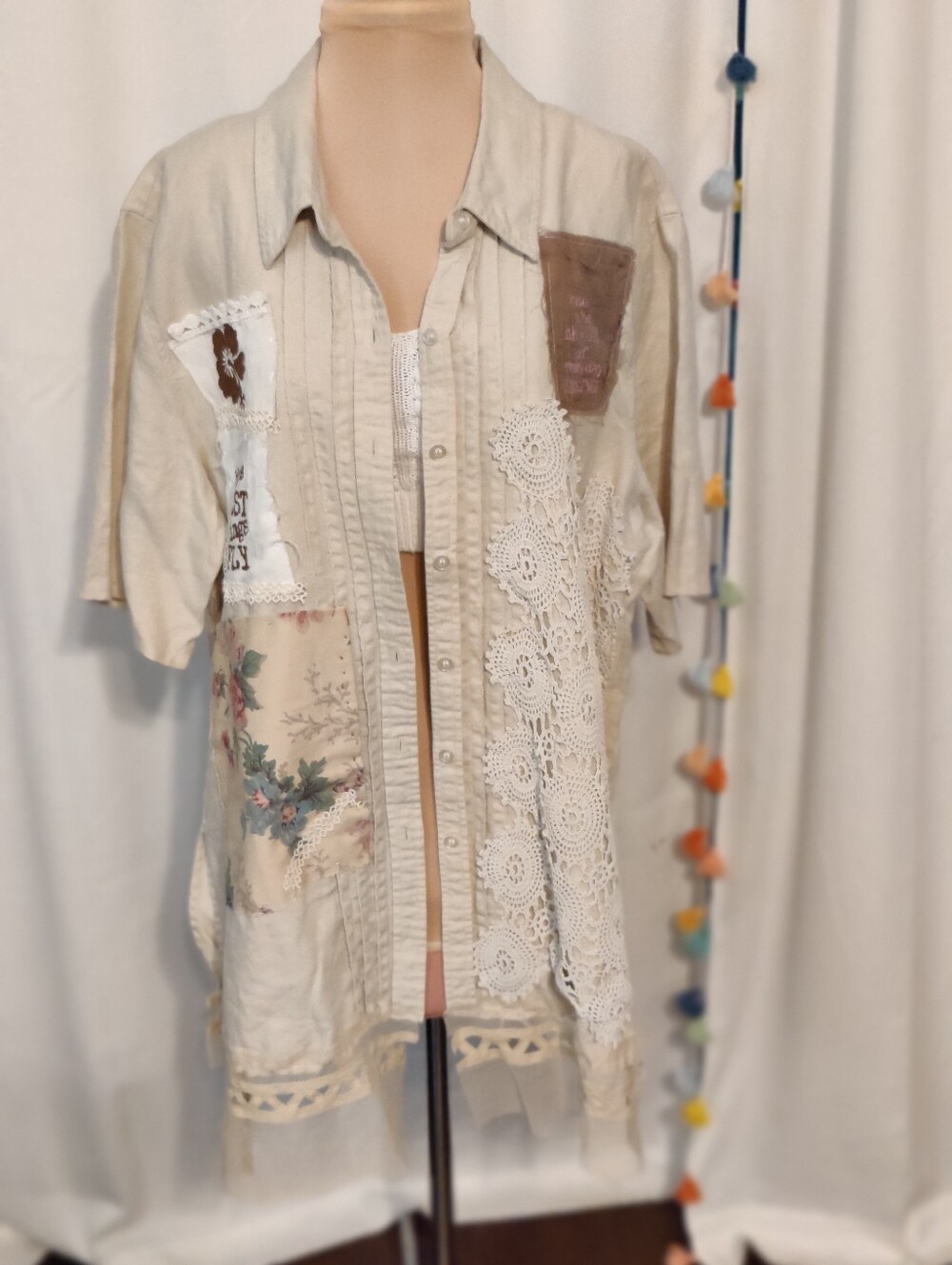 Artisan Linen Upcycled Layering Chore Shirt pintucks Doily Vintage Fabric  OSFM